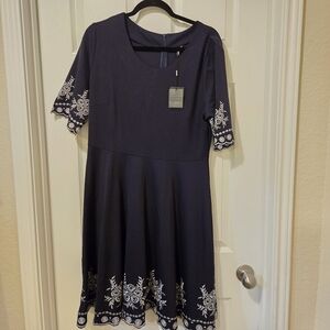 Miusol Navy Blue Midi Dress with White Embroidery